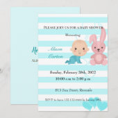 Bunny blue stripes boy baby shower-uitnodiging kaart (Voorkant / Achterkant)