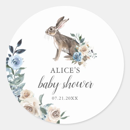 Bunny Boho Dusty Blue Beige Flowers Baby shower Ronde Sticker (Voorkant)