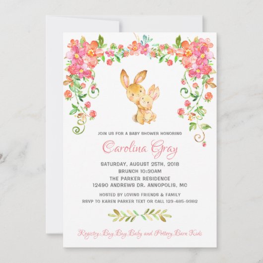 Bunny Boho Floral Invitation Roze Baby shower Kaart (Voorkant)