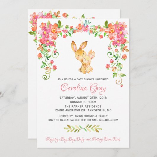 Bunny Boho Floral Invitation Roze Baby shower Kaart (Voorkant / Achterkant)