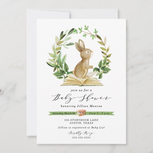 Bunny Book Thkeed Baby shower Invitation Greenery Kaart (Voorkant)