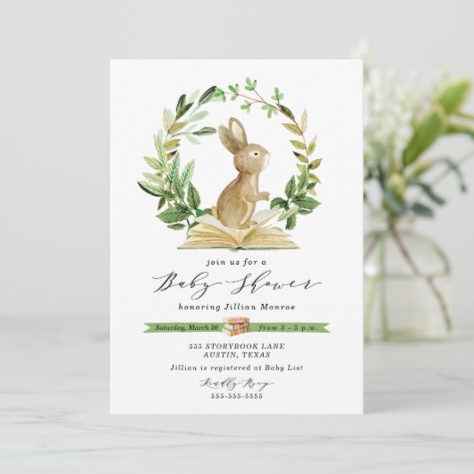 Bunny Book Thkeed Baby shower Invitation Greenery Kaart (Staand voorkant)