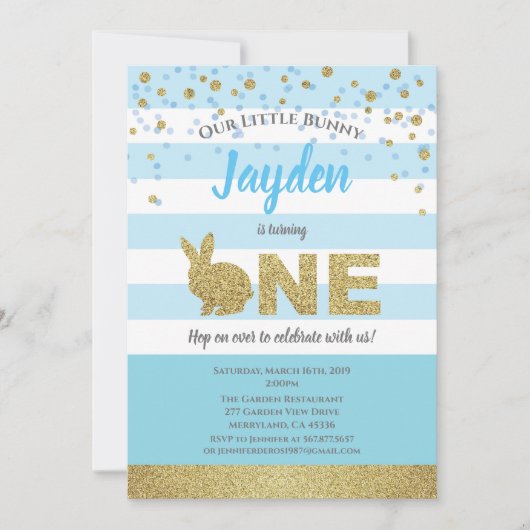 Bunny boy 1e verjaardag uitnodiging blauw en goud (Voorkant)