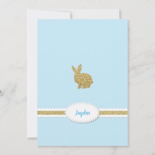 Bunny boy 1e verjaardag uitnodiging blauw en goud (Achterkant)