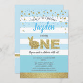 Bunny boy 1e verjaardag uitnodiging blauw en goud (Voorkant / Achterkant)