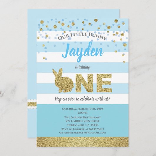 Bunny boy 1e verjaardag uitnodiging blauw en goud (Voorkant / Achterkant)