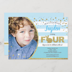 Bunny boy 4e verjaardag foto uitnodiging blauw