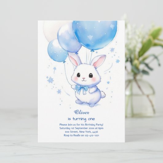 Bunny Boy Eerste Verjaardag Uitnodiging (Staand voorkant)