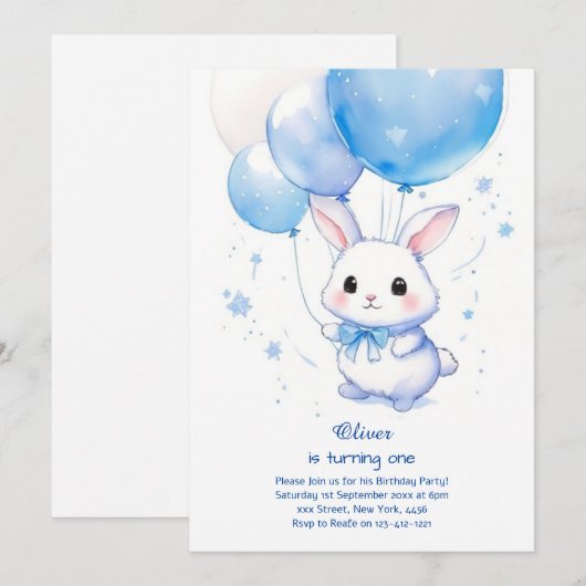 Bunny Boy Eerste Verjaardag Uitnodiging (Voorkant / Achterkant)