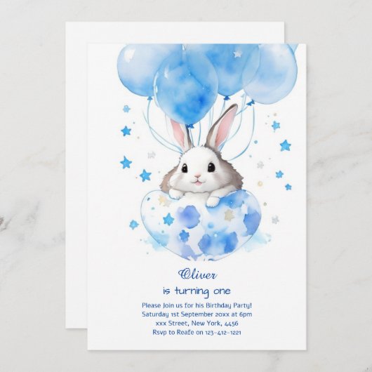 Bunny Boy Eerste Verjaardag Uitnodiging (Voorkant / Achterkant)