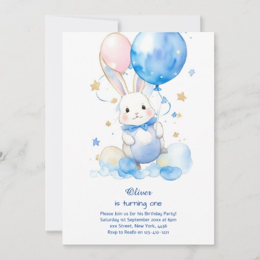 Bunny Boy Eerste Verjaardag Uitnodiging (Voorkant)