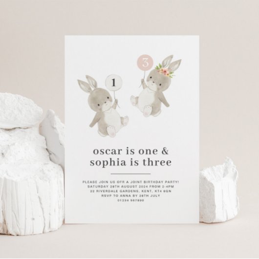 Bunny Boy Girl Joint Birthday Invitation Kaart