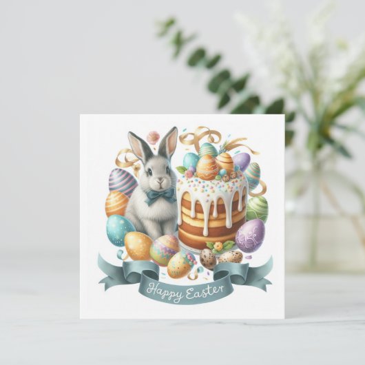 Bunny Cake Eggs Happy Easter Illustratie Feestdagenkaart (Staand voorkant)