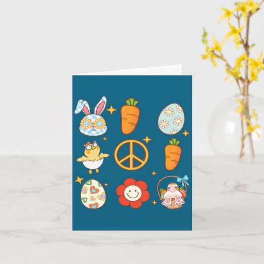 Bunny Carrot Easter Egg Retro Groovy Easter Day Kaart (Gele Bloem)