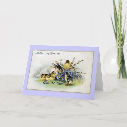 Bunny, Chicks en Primroses  Pasen Feestdagen Kaart (Voorkant)