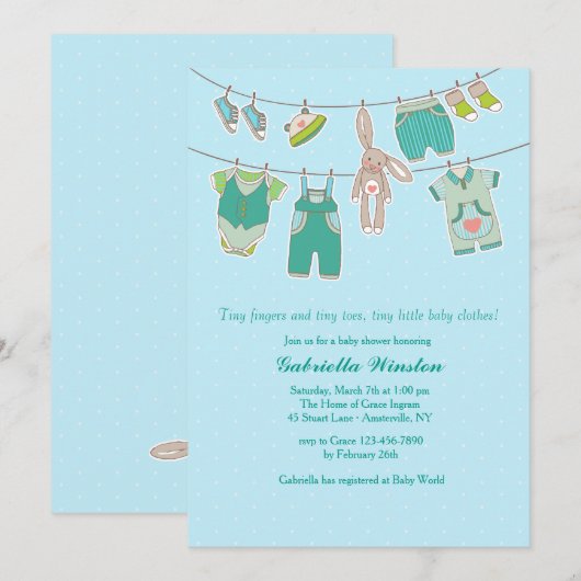 Bunny Clothesline Baby shower Uitnodiging (Voorkant / Achterkant)