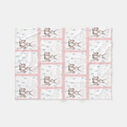 Bunny Clouds & Raindrops - Roze Fleece Deken (Voorkant (Horizontaal))