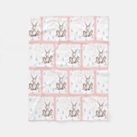 Bunny Clouds & Raindrops - Roze Fleece Deken (Voorkant)