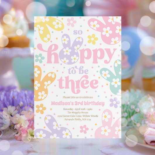 Bunny Daisy Floral Pastel Spring 3rd Birthday Kaart