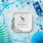 Bunny Dusty Blue Beige Flowers Baby shower Papieren Bordje (Feest)