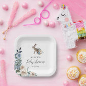 Bunny Dusty Blue Beige Flowers Baby shower Papieren Bordje (Feest)