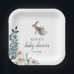 Bunny Dusty Blue Beige Flowers Baby shower Papieren Bordje<br><div class="desc">Dit object komt overeen met ons collectie Little Bunny-Baby shower.</div>