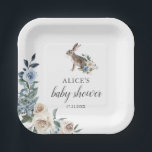 Bunny Dusty Blue Beige Flowers Baby shower Papieren Bordje<br><div class="desc">Dit object komt overeen met ons collectie Little Bunny-Baby shower.</div>