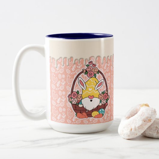 Bunny Ears Easter Gnome Tweekleurige Koffiemok (Met donut)