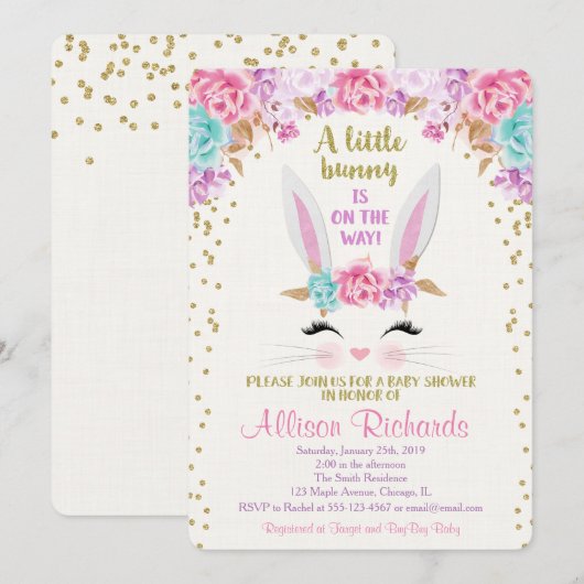 Bunny Easter baby shower uitnodiging meisje (Voorkant / Achterkant)