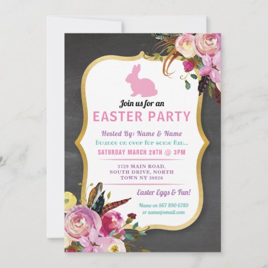 Bunny Easter Party Egg Hunt Invitation Florals uit Kaart (Voorkant)