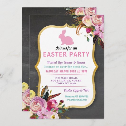 Bunny Easter Party Egg Hunt Invitation Florals uit Kaart (Voorkant / Achterkant)
