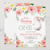 Bunny eerste verjaardag uitnodiging meisjes bloeme (Voorkant / Achterkant)
