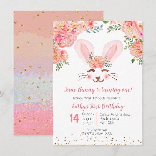 Bunny eerste verjaardagsuitnodiging, floral kaart (Voorkant / Achterkant)
