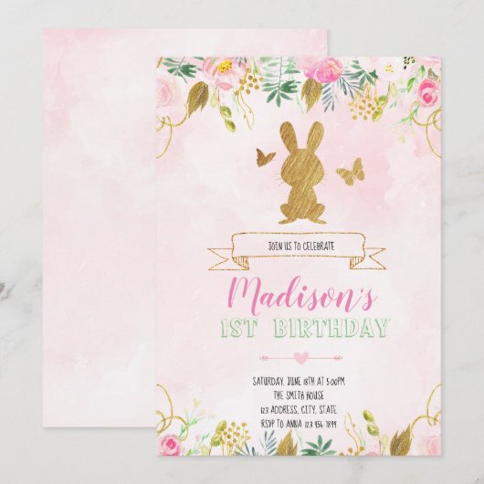 Bunny eerste verjaardagsuitnodiging kaart (Voorkant / Achterkant)