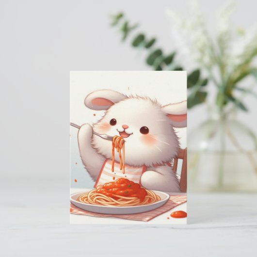 Bunny eet spaghetti briefkaart (Staand voorkant)