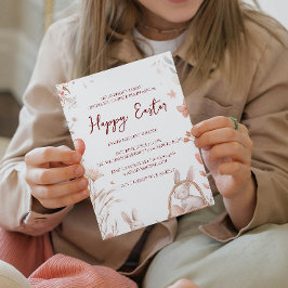 Bunny eieren en bloemen rood gelukkig Pasen Kaart