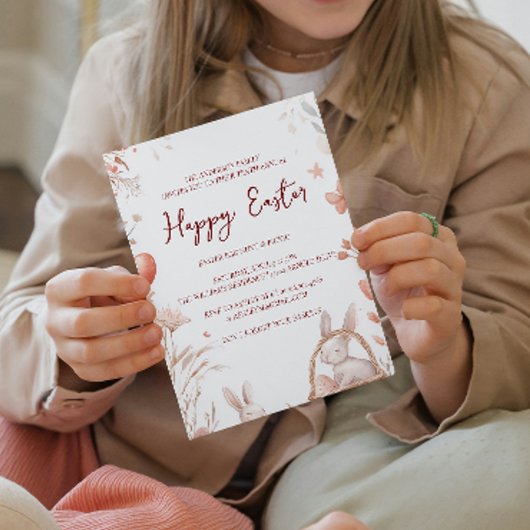 Bunny eieren en bloemen rood gelukkig Pasen Kaart