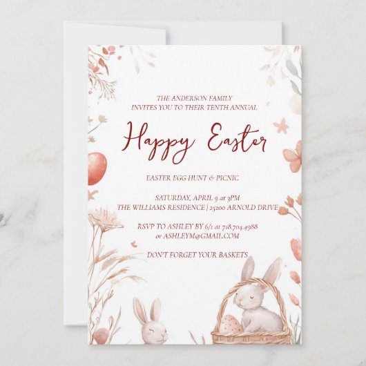 Bunny eieren en bloemen rood gelukkig Pasen Kaart (Voorkant)