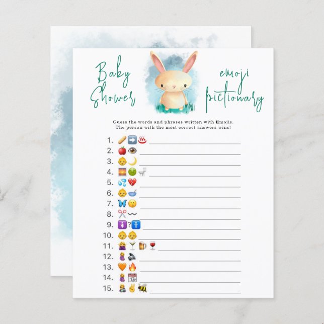 Bunny Emoji afbeelding game baby shower (Voorkant / Achterkant)