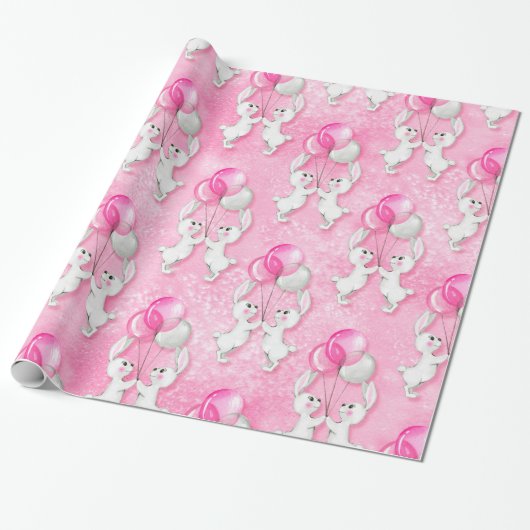 Bunny en ballonnen. Roze Cadeaupapier (Uitgerold)