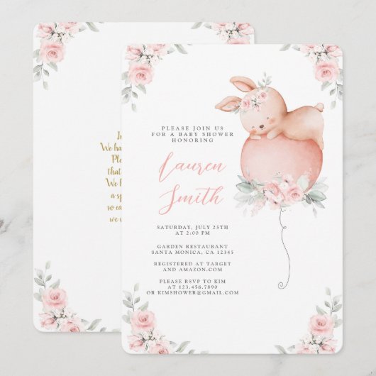 Bunny en Balloon Baby shower Meisje Uitnodiging (Voorkant / Achterkant)