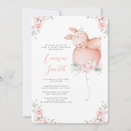 Bunny en Balloon Baby shower Meisje Uitnodiging (Voorkant)