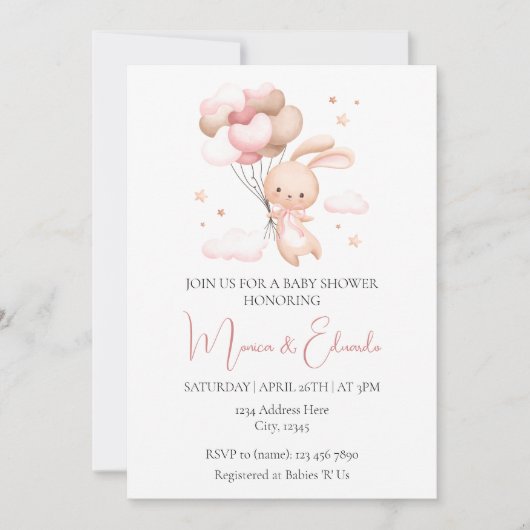 Bunny en Balloons Girl Baby shower Invitation Kaart (Voorkant)