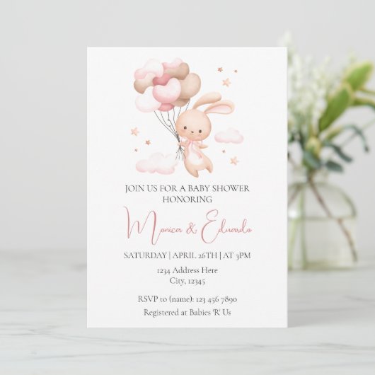 Bunny en Balloons Girl Baby shower Invitation Kaart (Staand voorkant)
