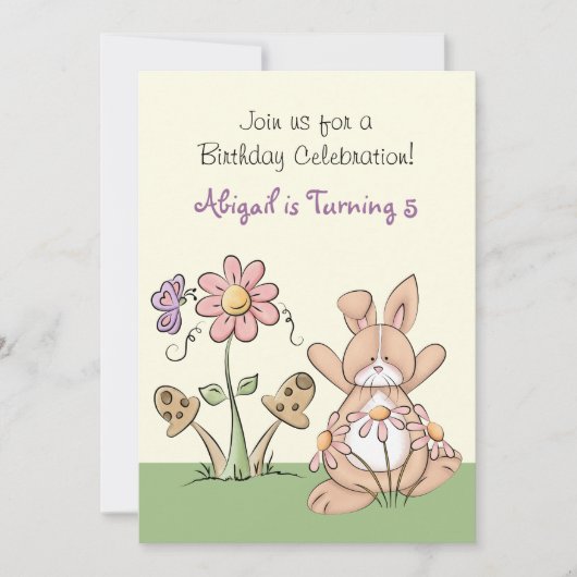 Bunny en bloemen verjaardagsuitnodiging ~ Meisjes Kaart (Voorkant)