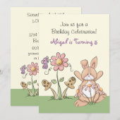 Bunny en bloemen verjaardagsuitnodiging ~ Meisjes Kaart (Voorkant / Achterkant)
