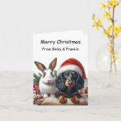 Bunny en Dachshund Kerstmis Kaart (Gele Bloem)