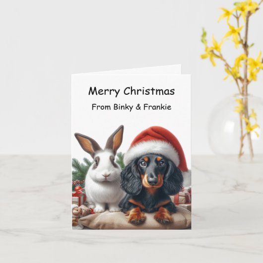 Bunny en Dachshund Kerstmis Kaart (Gele Bloem)