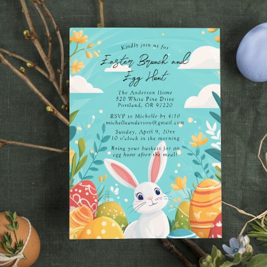 Bunny en ei Paasblauw Brunch en eierjacht Kaart