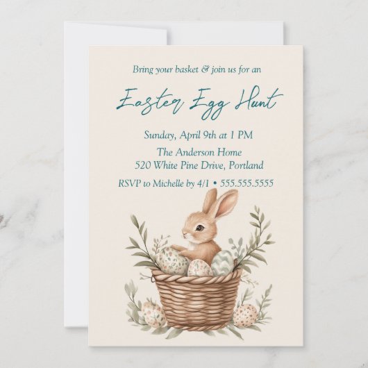 Bunny en eieren in mand beige paaseieren jacht kaart (Voorkant)